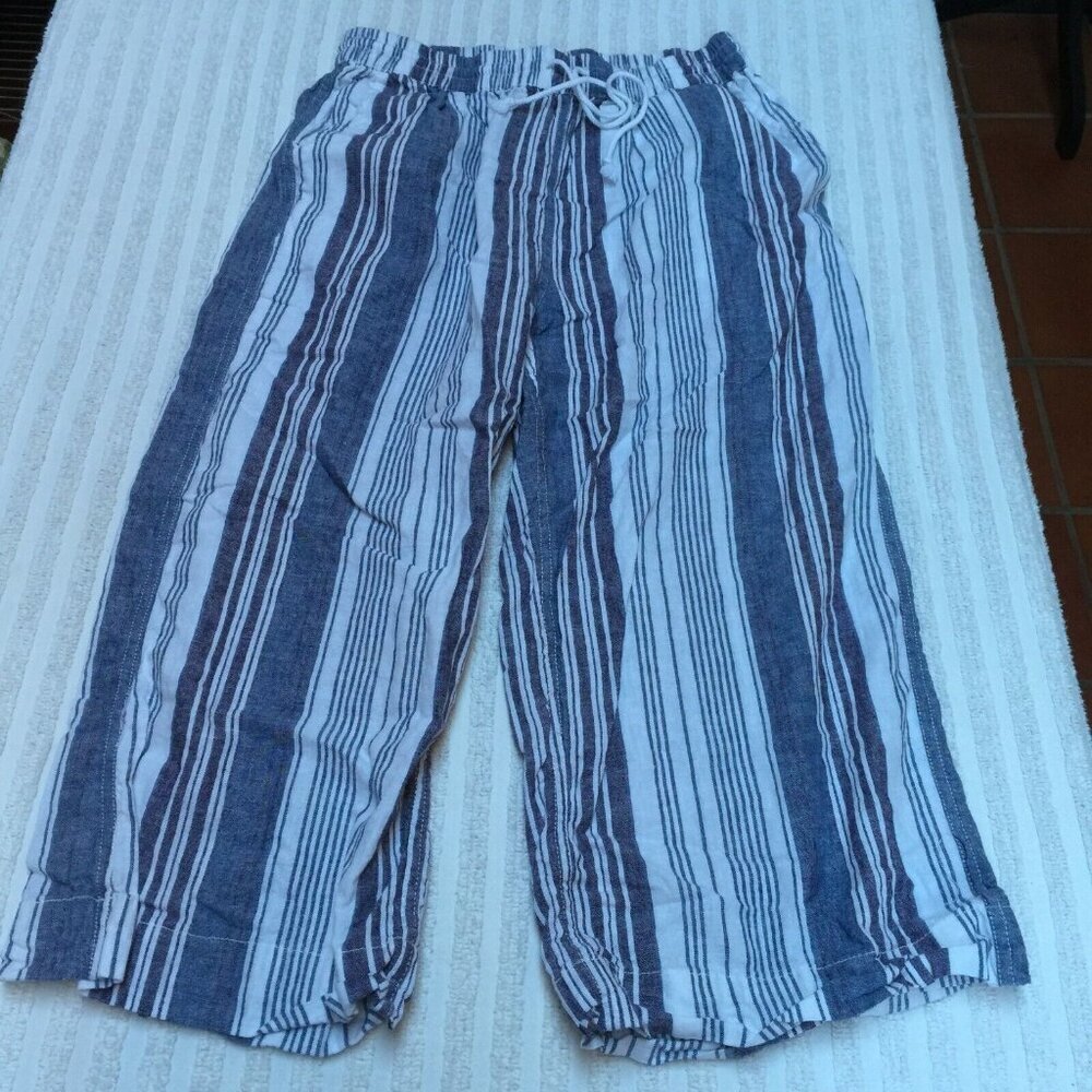 Beach Lunch Lounge Women Striped Cropped Pants Small Drawstring Waist Blue White